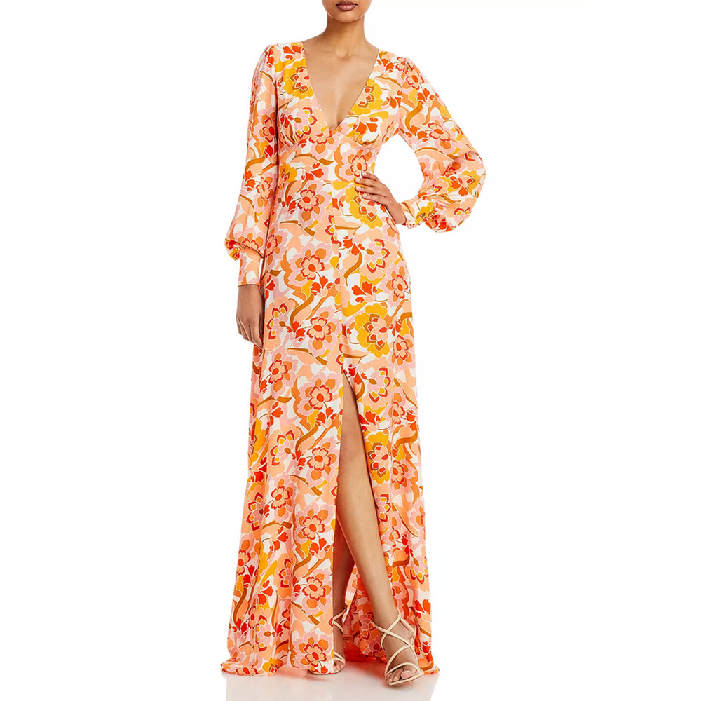 AFRM Shiloh Printed Balloon Sleeve Maxi Dress Orange Size XS